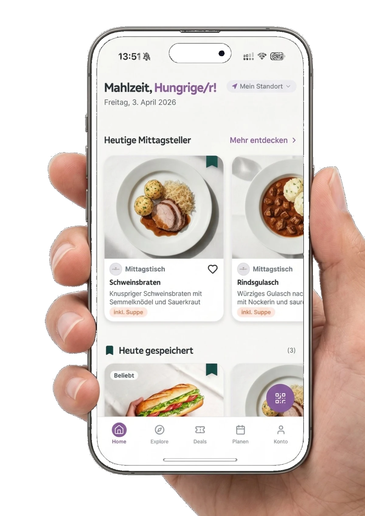 Hand hält iPhone mit LunchSwipe: heutige Mittagsteller in Graz